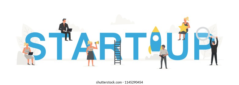Big word Startup with small working people around it. Vector creative business banner for design concept. Illustration for presentations on white background