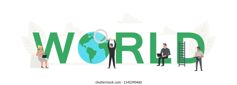 Big word World with small working people around it. Vector creative business banner for design concept. Illustration for presentations on white background