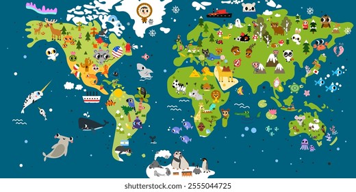 Big world kid map colorful vector with animals, insects, holidays, food, Cartoon background education kid room, wallpaper, printable page.