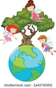 Big world and three fairies flying around the big tree illustration