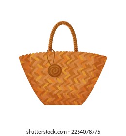 Big woven beach bag for women vector illustration. Cartoon bag for vacation or holiday isolated on white background. Fashion, accessories, summer concept
