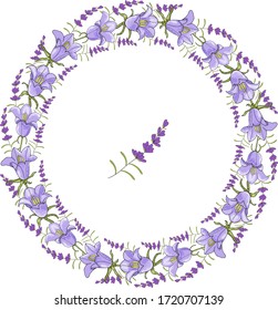 Big wreath of flowers bluebells and lavender for the holiday celebrate. Vector hand draw  Illustration EPS10