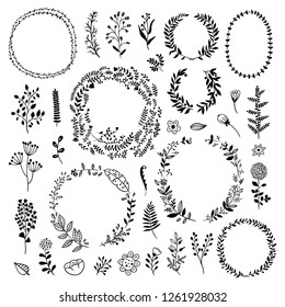 Big wreath and plants collection. Vector floral elements, leaves and flowers