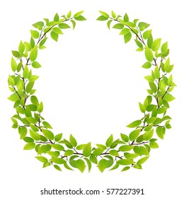 Big wreath of tree branches with green leaves. Vector illustration. Design element for floral emblem.