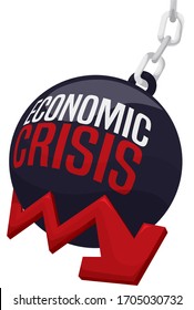 Big Wrecking Ball Pushing Red Arrow Down, Symbolizing The Difficult Economic Scenario Due The Upcoming Economic Crisis.