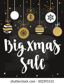 Big Xmas Sale. Holiday card with calligraphy and decorative elements. Handwritten modern lettering with snowflakes on chalkboard dark background. 