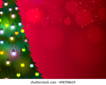 Big Xmas Tree decorated with lights on shiny red background for Merry Christmas celebration.