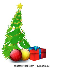 Big Xmas Tree, Glossy Balls and Wrapped Gift Box on white background for Merry Christmas celebration.