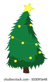 Big Xmas Tree on white background for Merry Christmas celebration. festive holiday green Christmas tree decorated with garland and lights, topped with a star. vector illustration