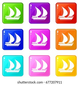 Big yacht icons of 9 color set isolated vector illustration