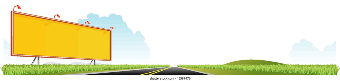 Big yellow billboard displayed on a highway side in a cultivated green field. Easy to edit and change colors.