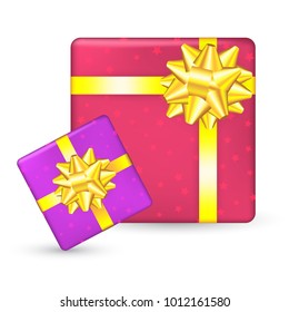 Big yellow bow on a gift box top view. EPS10 vector birthday background.