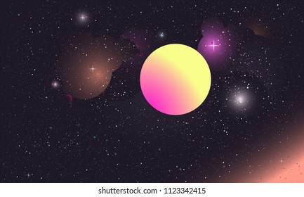 A big yellow bright star moves quietly in space on deep dark space background with many stars