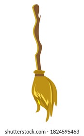 Big yellow broom with long wooden handle isolated on white. Witch's broom, witching attribute of flight, household implement from dust and dirt. Halloween vector illustration.	