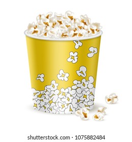 Big yellow bucket with popcorn. 3d realistic style. Element for cinema, movie food design. Isolated on white background. Vector illustration.