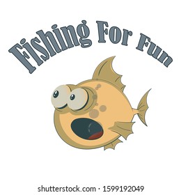Big yellow bug-eyed fish. Vector banner on the theme of fishing with the inscription on a white isolated background