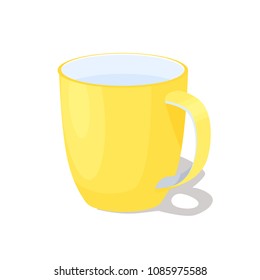 Big yellow ceramic mug with handle full of water. Convenient cup bright color empty inside. Porcelain dishware for drinks isolated vector illustration.