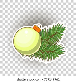 The big yellow Christmas ball sticker. Festive Christmas decorations for the Christmas tree. Vector illustration for your design.