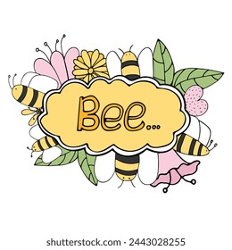 Big yellow cloud with bees and flowers. Natural bee products. Useful insects. Colored doodle illustration isolated on white background. Hand drawn sketch in bright colors. Cute kids illustration.