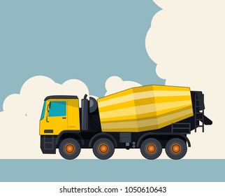 Big yellow concrete mixer truck, sky with clouds in background. Banner layout with cement mixer. Vintage color stylization. Construction machinery vehicle and ground works. Flatten illustration vector