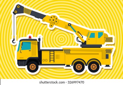 Big yellow crane with hook and arm. Nice isolated vector. Carry of sand, coal waste rock and gravel. Golden illustration for banner poster or icon. Truck Digger Crane Forklift Bagger Roller Extravator