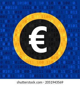 Big yellow euro sign on blue binary code background. Vector illustration.