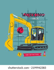 Big yellow excavator in construction worker environment, vector illustration