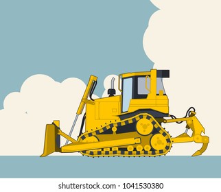 Big yellow excavator, sky with clouds in background. Banner layout with earth mover. Vintage color stylization. Construction machinery vehicle and ground works. Flatten illustration master vector.