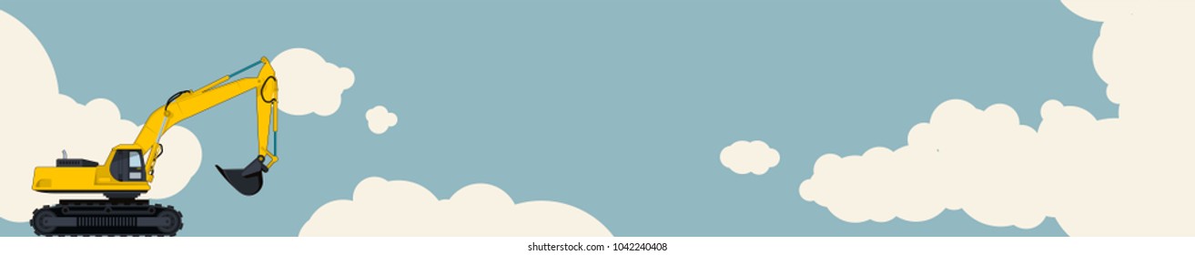 Big yellow excavator, sky with clouds in background. Horizontal banner layout with earth mover. Vintage color stylization. Construction machinery vehicle and ground works. Flatten illustration vector.