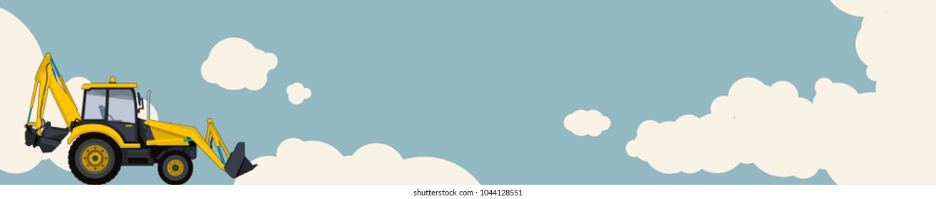 Big yellow excavator, sky with clouds in background. Horizontal banner layout with earth mover. Vintage color stylization. Construction machinery vehicle and ground works. Flatten illustration vector.