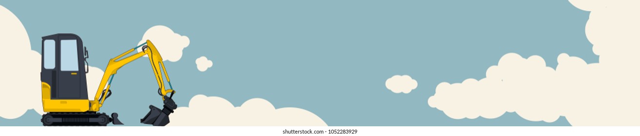 Big yellow excavator, sky with clouds in background. Horizontal banner layout with earth mover. Vintage color stylization. Construction machinery vehicle and ground works. Flatten illustration vector.