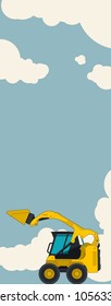 Big yellow excavator, sky with clouds in background. Vertical banner layout with earth mover. Vintage color stylization. Construction machinery vehicle and ground works. Flatten illustration vector.