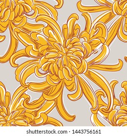 Big yellow flower pattern. Tropical bloom ornament. Repetiotion botanical decoration. Hand-drawn chrysanthemum sketch