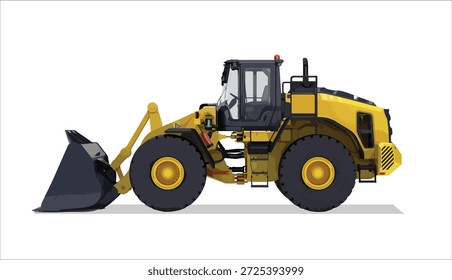 Big yellow front-end loader or all metal steel wheel bulldozer isolated on white background. Heavy equipment machine and manufacturing equipment industrial  for open pit mining side view
