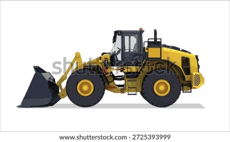 Big yellow front-end loader or all metal steel wheel bulldozer isolated on white background. Heavy equipment machine and manufacturing equipment industrial  for open pit mining side view
