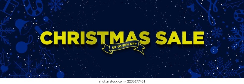 Big Yellow Gold Christmas Sale Banner with up to 50% off tag on ribbon. Framed with hand drawn Christmas elements, snowflakes, presents, snow, candy cane. Vector Illustration. Vector Illustration. EPS
