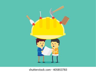 Big yellow helmet protect head of engineer from accident on working time. This illustration about benefit of safety equipment.