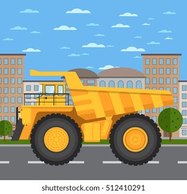 Big yellow mining truck on road in city vector illustration. Urban cityscape background with skyscrapers. Modern dump truck side view. Vehicle for cargo transportation. Mining industry