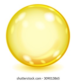 Big yellow opaque glass sphere with glares and shadow on white background