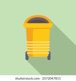 Big yellow plastic trash can with black wheels standing on a green background