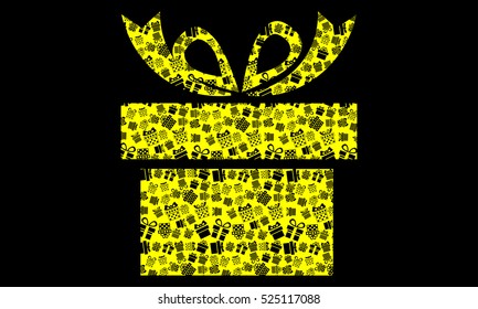Big yellow present box with small black present box icon pattern on black background