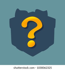 Big yellow question mark on gift box silhouette.Vector icon