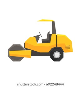 Big yellow road roller, heavy construction machine vector Illustration