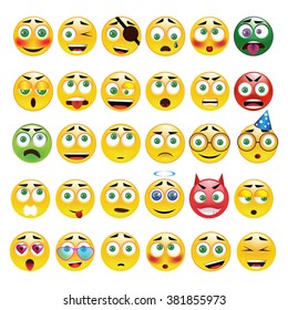 Big yellow round  emoticons vector set. 30 different emoji with different emotions. Cartoon characters. 