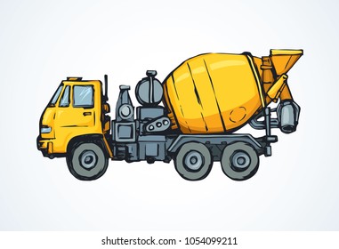 Big yellow scrambler drum container on white road backdrop. Bright orange color hand drawn logo pictogram emblem sketchy in art modern doodle cartoon comic style. Side view with space for text