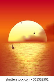 Big yellow sun  at beautiful sunset above the sea. Vector illustration.