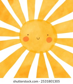 Big Yellow Sun with Long Rays. Cute Nursery Print with Smiling Sun. Happy Sun on a White Background. Funny Hand Drawn Kawaii Style Cartoon ideal for Wall Art, Poster. Kids' Room Decoration. RGB.