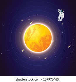 Big yellow sun in the middle of space. An astronaut with sun.