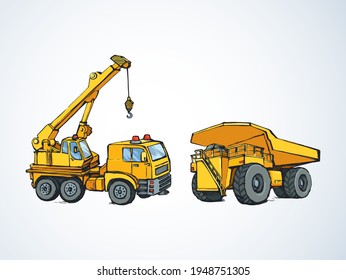 Big yellow tall jib erection height winch carrier hang hoist metal lifter on white sky backdrop. Bright orange color hand drawn logo pictogram emblem sketch art retro doodle cartoon style text space