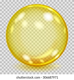 Big yellow transparent glass sphere with glares and shadow. Transparency only in vector file